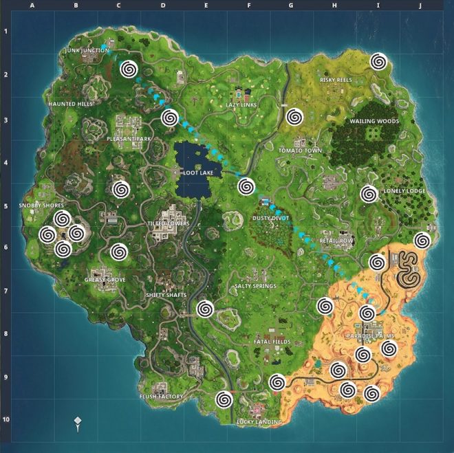 Fortnite Season Five Week Eight Challenges Guide Xblafans - here is a map of every rift location simply take a rift at these various locations and you ll have the challenge completed in no time